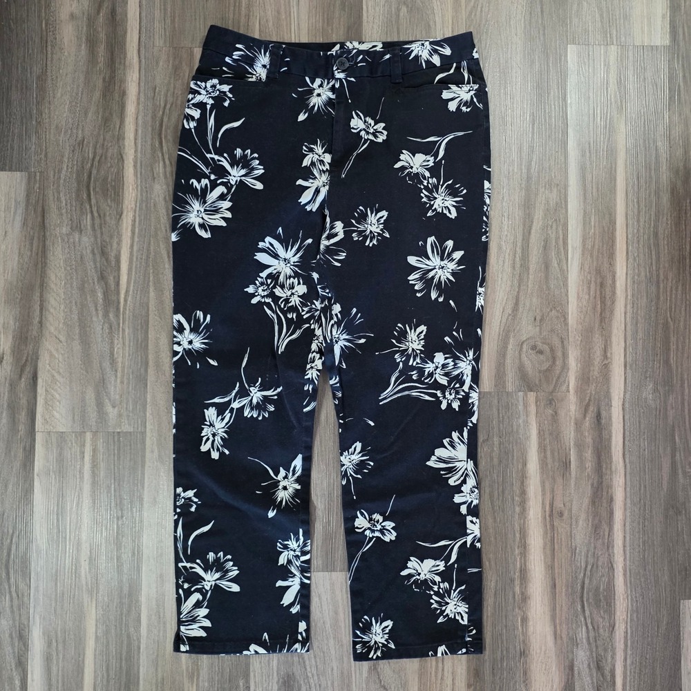 Chaps Womens Floral Ankle Pants Black White Mid Rise Stretch Size 10